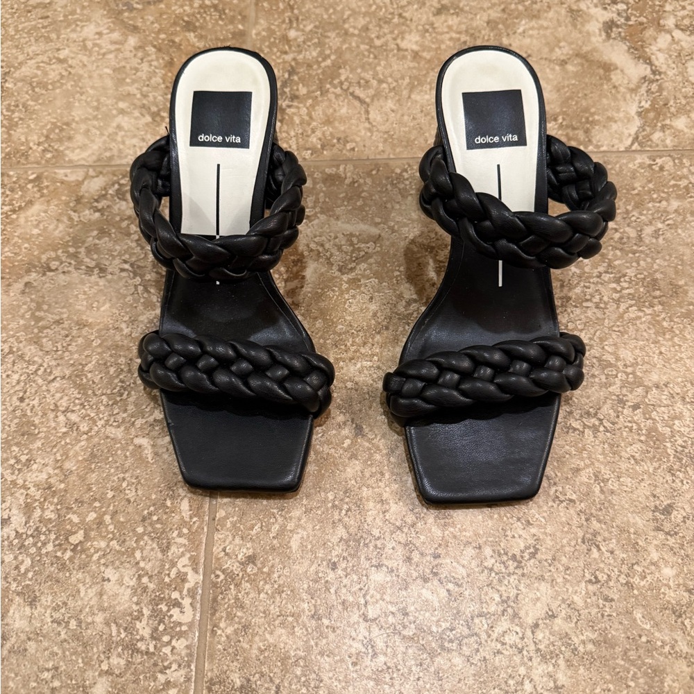 Dolce Vita Black Braided Double-Strap Heeled Slides